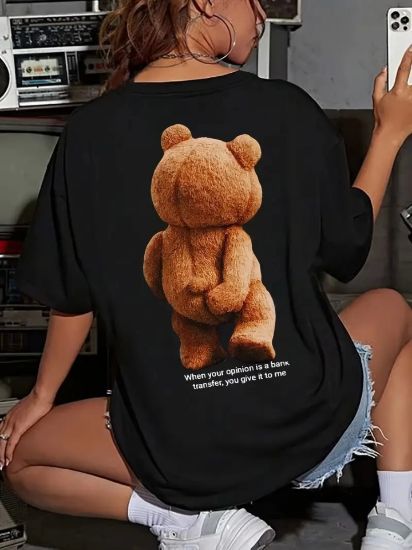 Baskılı Oversize Bisiklet Yaka T-shirt - Siyah resmi